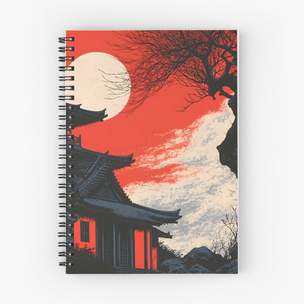Item preview, Ukiyo-e Japanese Pagoda Landscape Red Sky Moon Art designed and sold by GrinGalore.