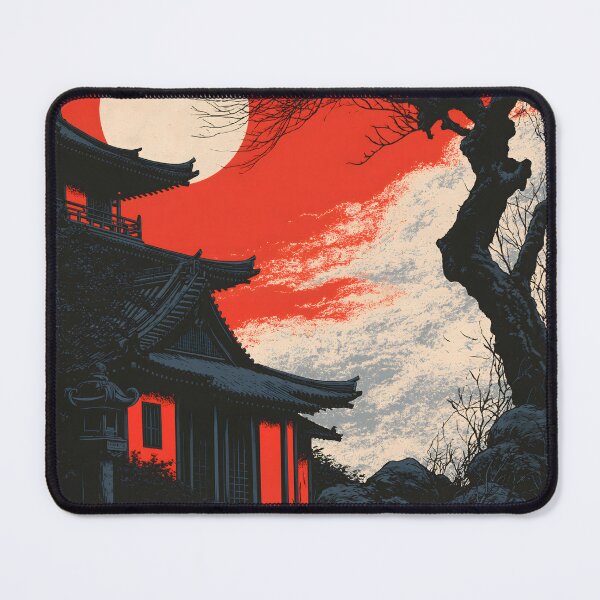 Item preview, Ukiyo-e Japanese Pagoda Landscape Red Sky Moon Art designed and sold by GrinGalore.