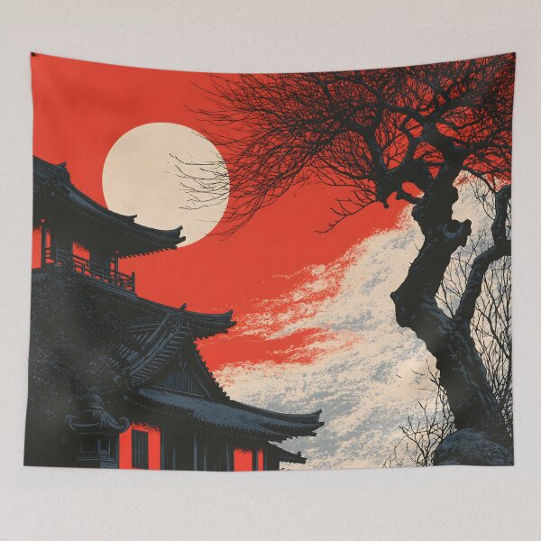 Item preview, Ukiyo-e Japanese Pagoda Landscape Red Sky Moon Art designed and sold by GrinGalore.