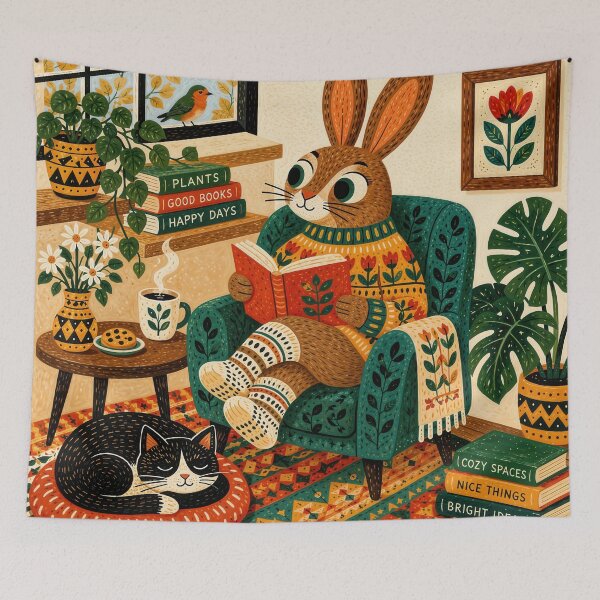 Item preview, Wall Art - Postcard - T-shirt: CozyReadingNook Art Print | Whimsical Book Lover Bunny Cottagecore Illustration designed and sold by ForeverPrintsOK.