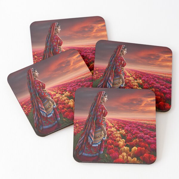 Item preview, Woman in Traditional Attire Amidst Vibrant Tulips designed and sold by Artessie.