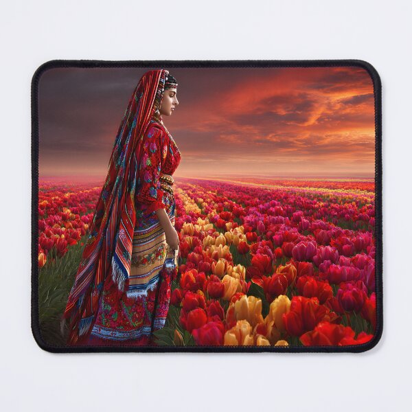 Item preview, Woman in Traditional Attire Amidst Vibrant Tulips designed and sold by Artessie.