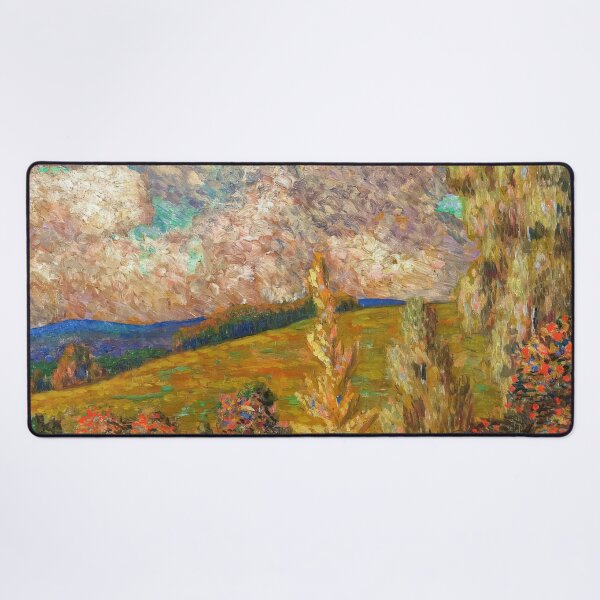 Item preview, A landscape painting of a field with trees, lake and pink clouds by Konrad Magi designed and sold by Jéanpaul Ferro.
