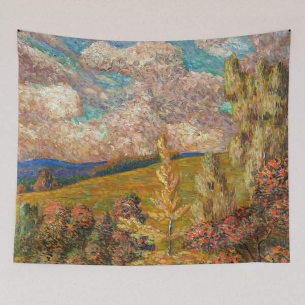 Item preview, A landscape painting of a field with trees, lake and pink clouds by Konrad Magi designed and sold by Jéanpaul  Ferro.