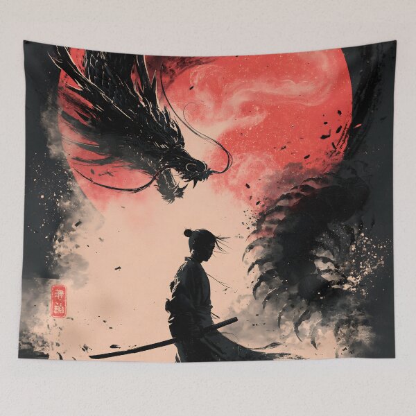Item preview, Samurai vs Dragon: Epic Japanese Ink Art Poster designed and sold by GrinGalore.