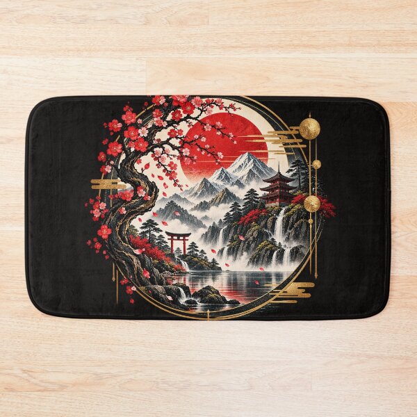 Aperçu de l'œuvre Crimson Sakura Sanctuary Japanese Landscape Art créée et vendue par D69 Designs.