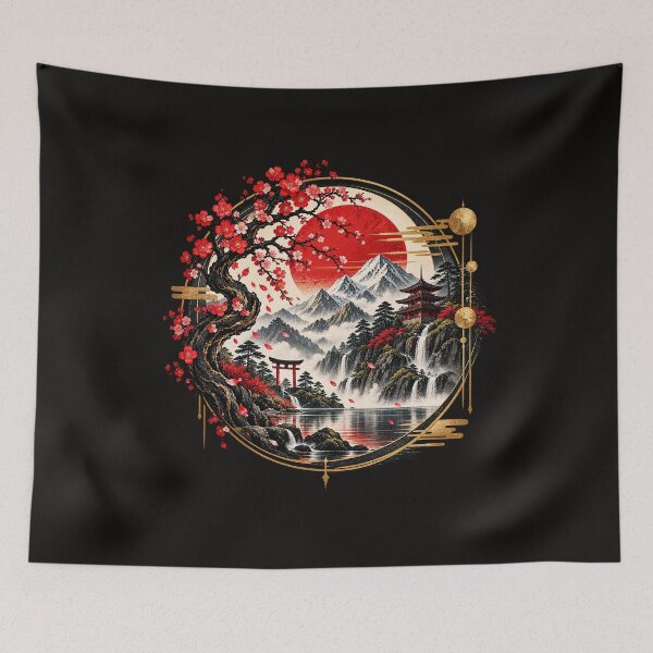 Aperçu de l'œuvre Crimson Sakura Sanctuary Japanese Landscape Art créée et vendue par D69 Designs.