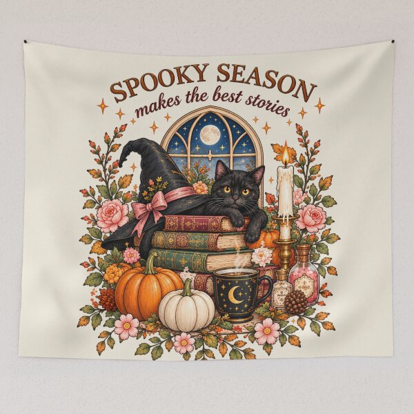 Item preview, Spooky Season Makes The Best Stories Cozy Black Cat And Books Halloween Art designed and sold by MAGICKEY2024.