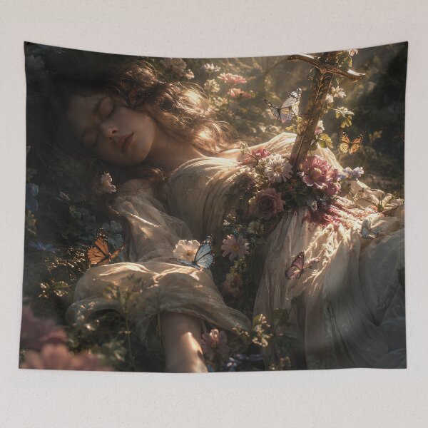 Item preview, Surreal Woman Healing Through Pain – Sword and Flowers Dark Forest Fine Art designed and sold by stylishdzign.
