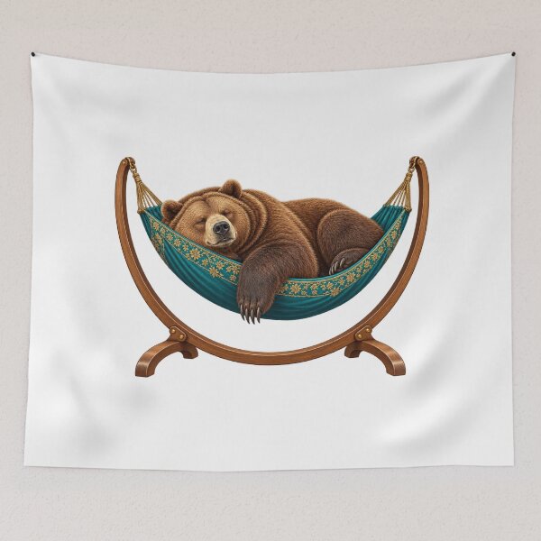 Item preview, Bear asleep in a flowery hammock designed and sold by Lazenco.