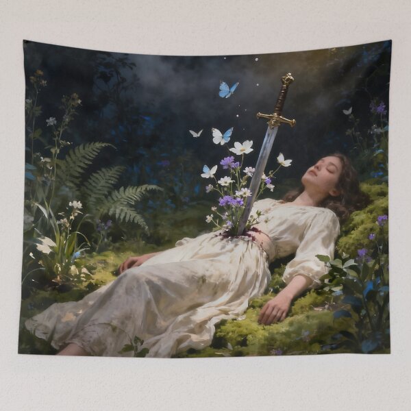Item preview, Surreal Woman Healing Through Pain – Sword and Flowers Dark Forest Fine Art designed and sold by stylishdzign.