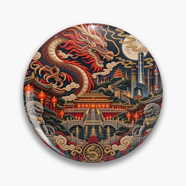 Item preview, Chinese Dragon Embroidery Art – Imperial Night Skyline & Great Wall Design designed and sold by Emoji Emblems.