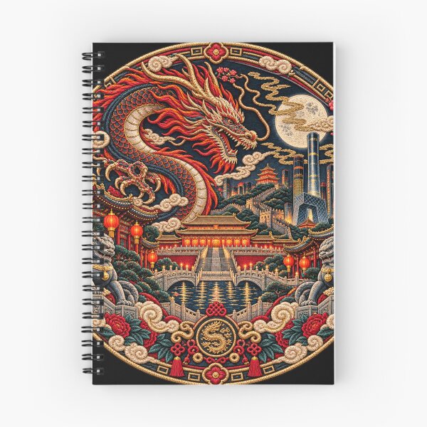 Item preview, Chinese Dragon Embroidery Art – Imperial Night Skyline & Great Wall Design designed and sold by Emoji Emblems.