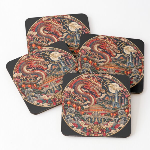 Item preview, Chinese Dragon Embroidery Art – Imperial Night Skyline & Great Wall Design designed and sold by Emoji Emblems.
