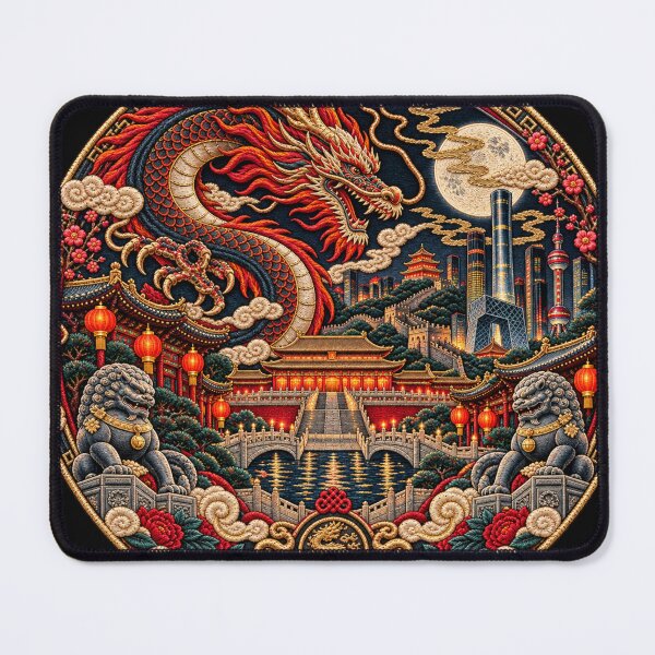 Item preview, Chinese Dragon Embroidery Art – Imperial Night Skyline & Great Wall Design designed and sold by Emoji Emblems.
