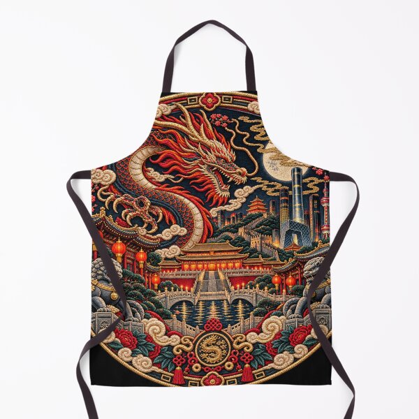 Item preview, Chinese Dragon Embroidery Art – Imperial Night Skyline & Great Wall Design designed and sold by Emoji Emblems.