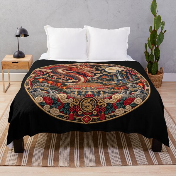 Item preview, Chinese Dragon Embroidery Art – Imperial Night Skyline & Great Wall Design designed and sold by Emoji Emblems.