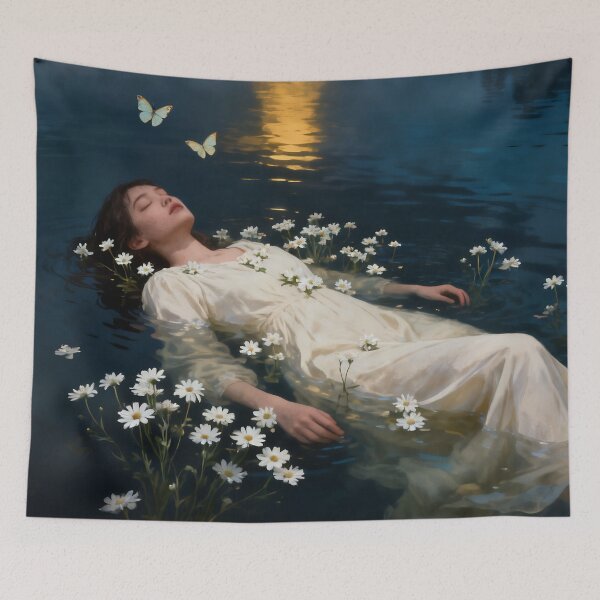 Item preview, Dreamy Woman Lake Wall Art, Ethereal Water Lily Fine Art, Melancholic Nature Print designed and sold by stylishdzign.