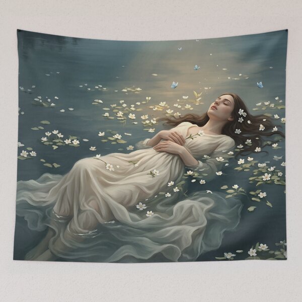 Item preview, Dreamy Woman Lake Wall Art, Ethereal Water Lily Fine Art, Melancholic Nature Print designed and sold by stylishdzign.