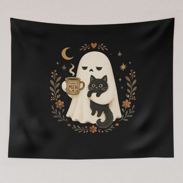 Item preview, Moody Ghost Holding Coffee Funny Halloween Cat designed and sold by LASTIQUE-dd.