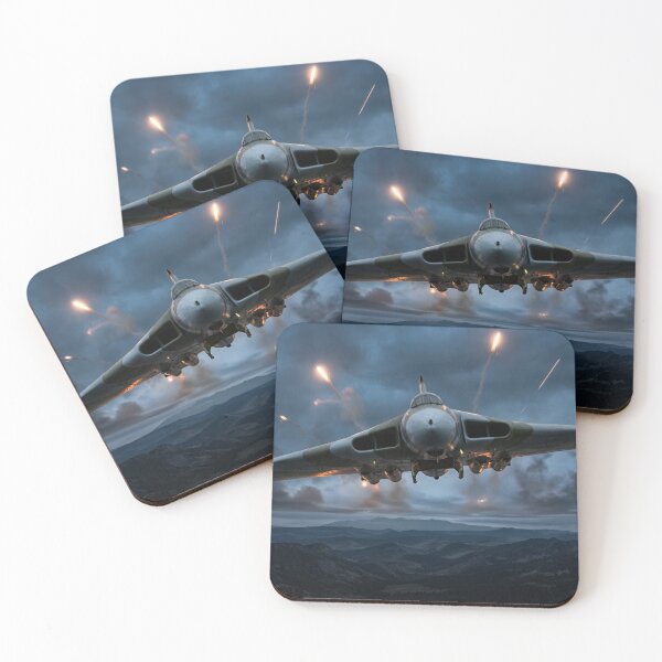 Artikelvorschau, Illustration: RAF Vulcan Leuchtraketen in den Abendgebirgen entworfen und verkauft von Airpower Art.