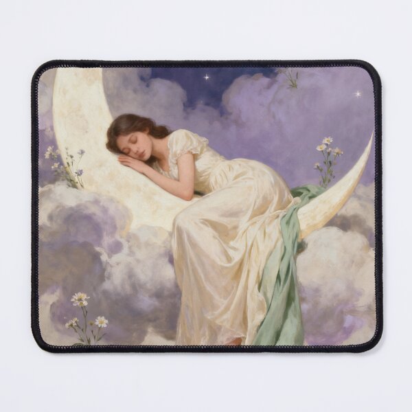 Item preview, Dreaming on the Crescent Moon, Dreamy Girl Fantasy Art, Celestial Night Illustration, Soft Feminine Wall Art designed and sold by stylishdzign.