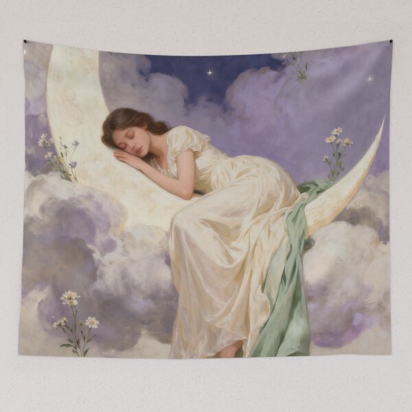 Item preview, Dreaming on the Crescent Moon, Dreamy Girl Fantasy Art, Celestial Night Illustration, Soft Feminine Wall Art designed and sold by stylishdzign.