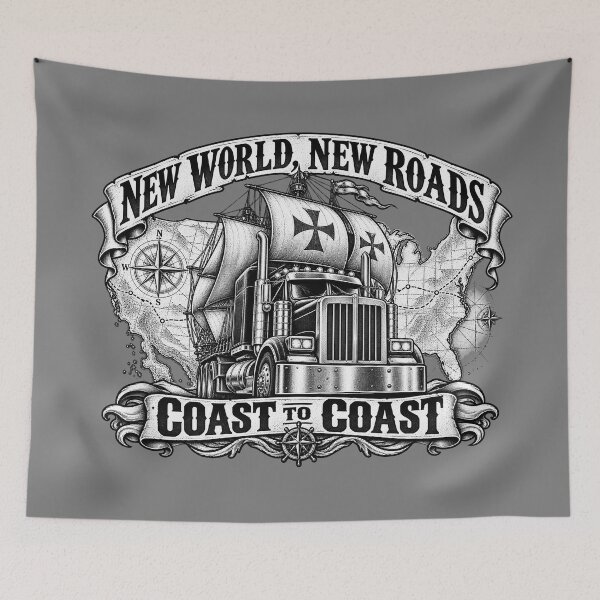 Item preview, New World New Roads | Coast To Coast | Vintage Sailing Ship Semi Truck Art designed and sold by NomadForge.