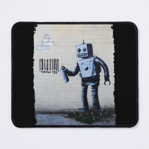 Item preview, Banksy-Inspired Smiling Robot Graffiti with Barcodes on Brick Wall Art designed and sold by richard143.
