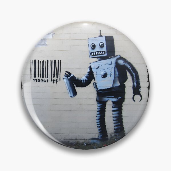 Item preview, Banksy-Inspired Smiling Robot Graffiti with Barcodes on Brick Wall Art designed and sold by richard143.