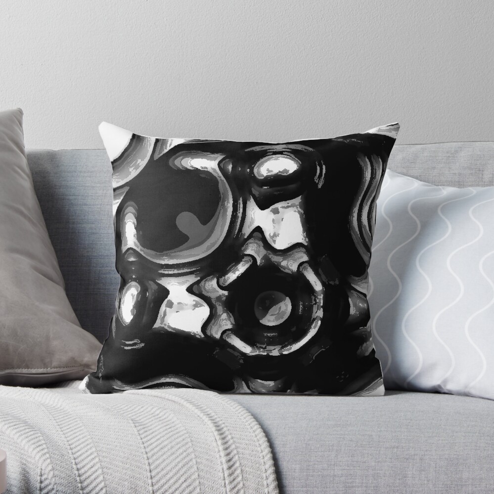 BLACK AND AND GREY AND SILVER METAL TIKI FACE ON MOLTEN STEEL DESIGN FOR INDUSTRAIL SPACES AND CLOTHING Throw Pillow