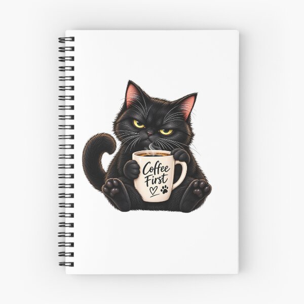 Item preview, Coffee First – Grumpy Black Cat designed and sold by TinyWeird.