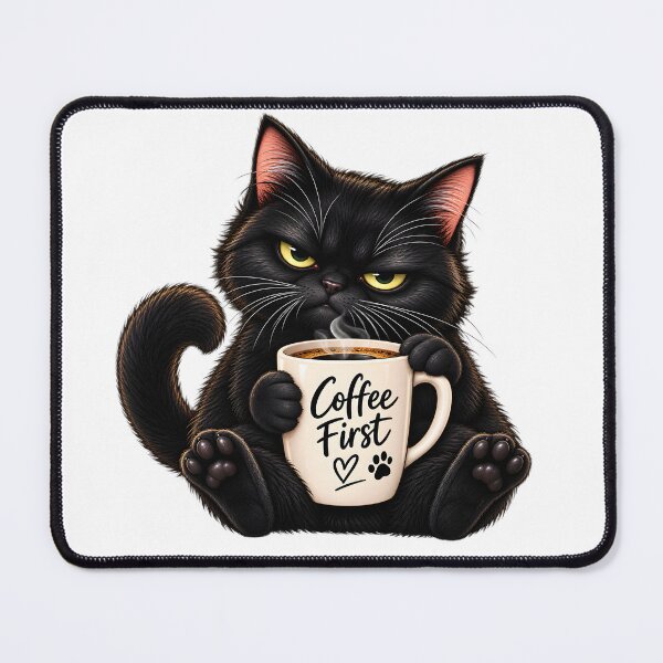 Item preview, Coffee First – Grumpy Black Cat designed and sold by TinyWeird.
