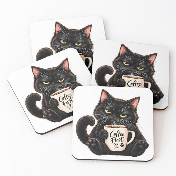Item preview, Coffee First – Grumpy Black Cat designed and sold by TinyWeird.