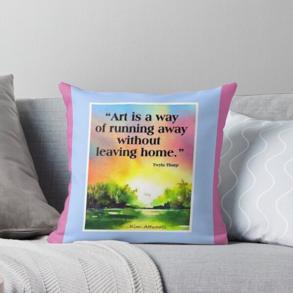 Item preview, Original watercolor of a coastal scene framed in blue that says, Art is a Way of Running Away Without Leaving Home. designed and sold by aswoa.
