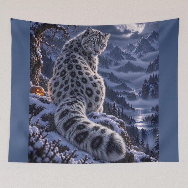 Item preview, Snow Leopard Mountain Art – Moonlit Long Fur Wildlife designed and sold by ManJiangHong.