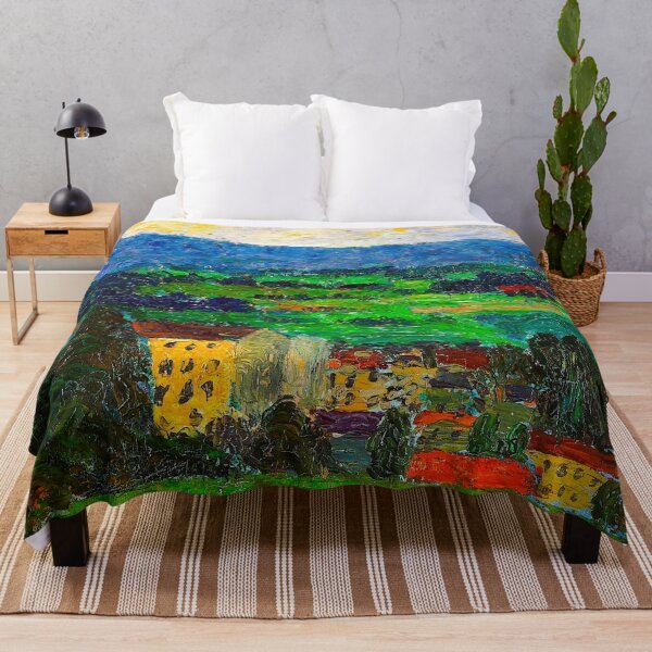 Item preview, Farm house and village in the mountains landscape painting print by Konrad Mägi designed and sold by Jéanpaul Ferro.