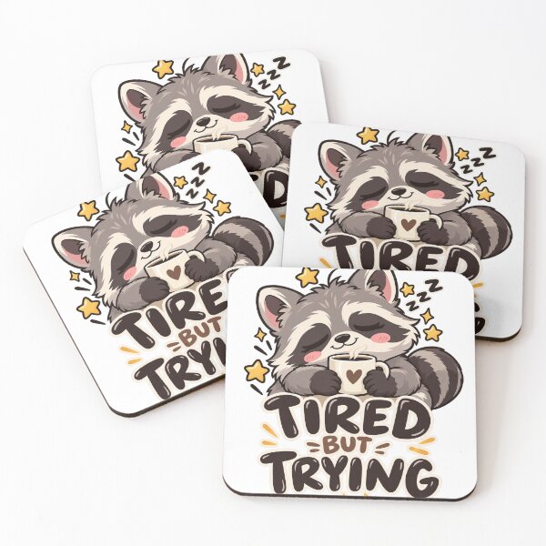 Item preview, Tired But Trying — sleepy raccoon cute coffee sticker ☕ designed and sold by Pixel & Ponder.