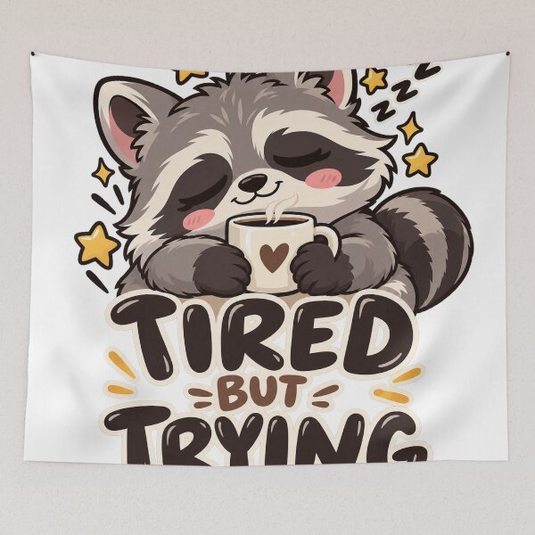 Item preview, Tired But Trying — sleepy raccoon cute coffee sticker ☕ designed and sold by Pixel & Ponder.