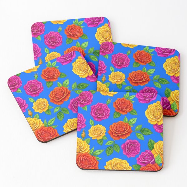Artikelvorschau, Rosa, orange und gelbe Rosen auf blauem Grund entworfen und verkauft von Lasofficial.
