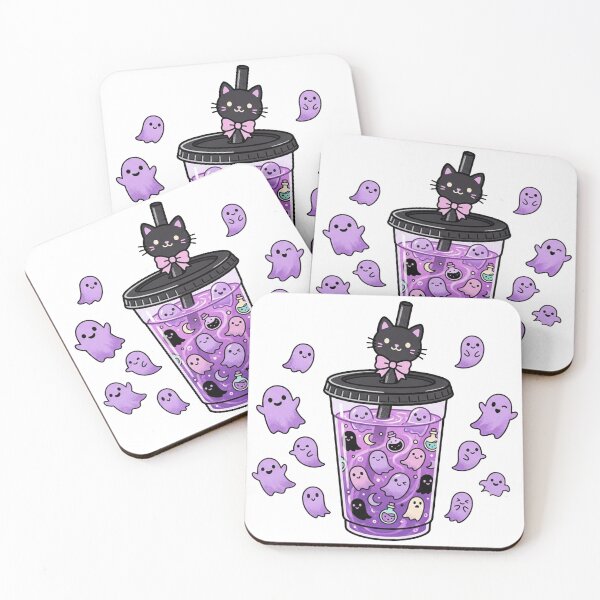 Item preview, Cute Pastel Goth Ghost Boba Tea with Black Cat designed and sold by KMKDesignStudio.