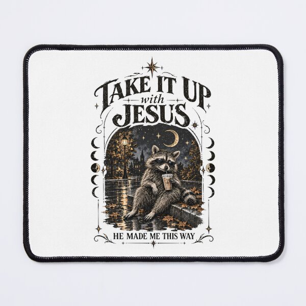Item preview, Take It Up With Jesus Grunge Raccoon Holding Bubble Tea, Funny Christian Raccoon Tee designed and sold by LandFinStudio.