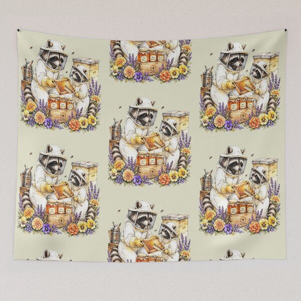 Item preview, Beekeeper Raccoons Harvesting Sweet Honey in Spring designed and sold by the artedivino.