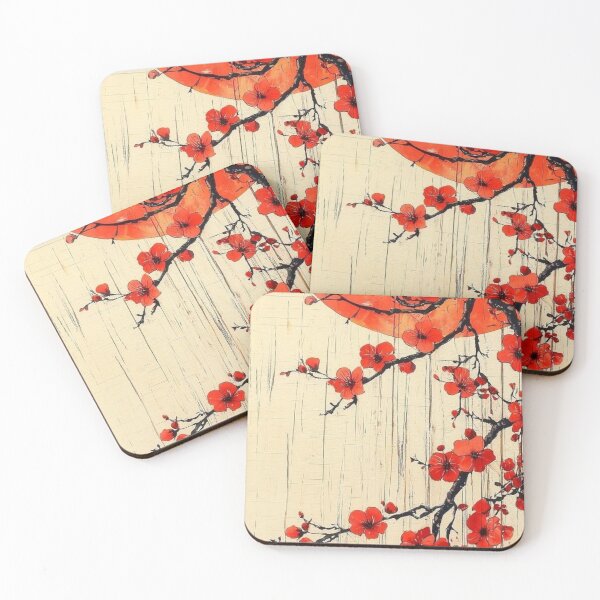 Item preview, Red Sakura Blossoms with Sun Japanese Art Painting designed and sold by LYAN-STORE.