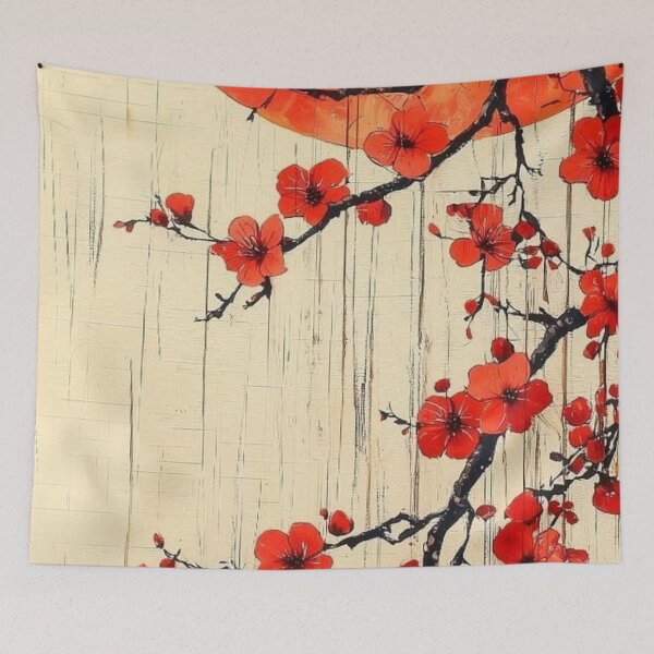 Item preview, Red Sakura Blossoms with Sun Japanese Art Painting designed and sold by LYAN-STORE.