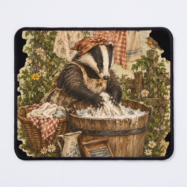 Item preview, Cozy Badger Laundry Day - Vintage Cottagecore Woodland Art designed and sold by Neurospicy Trolls.