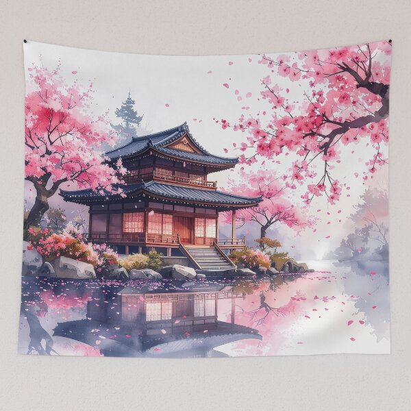 Item preview, Japanese Tea House With Cherry Blossom Watercolor  designed and sold by BetweenForms.