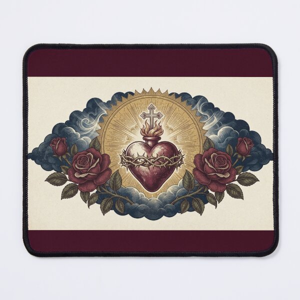 Item preview, Sacred Heart of Jesus Vintage Engraved Style with Roses and Cross designed and sold by MantoSagrado.