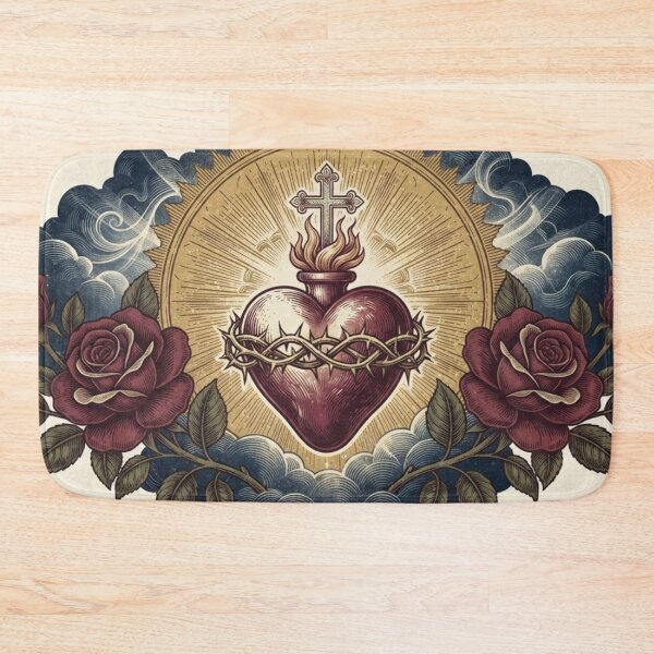 Item preview, Sacred Heart of Jesus Vintage Engraved Style with Roses and Cross designed and sold by MantoSagrado.