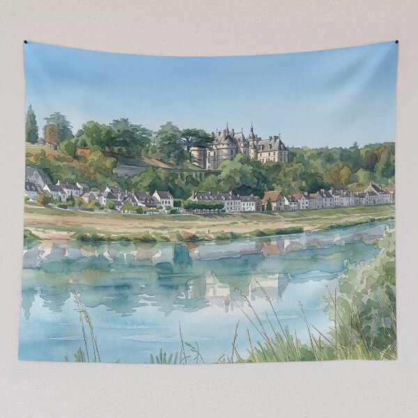 Item preview, Loire Valley Chateau & River Reflection — French Landscape digital Watercolor designed and sold by M.ALK.Watercolor.